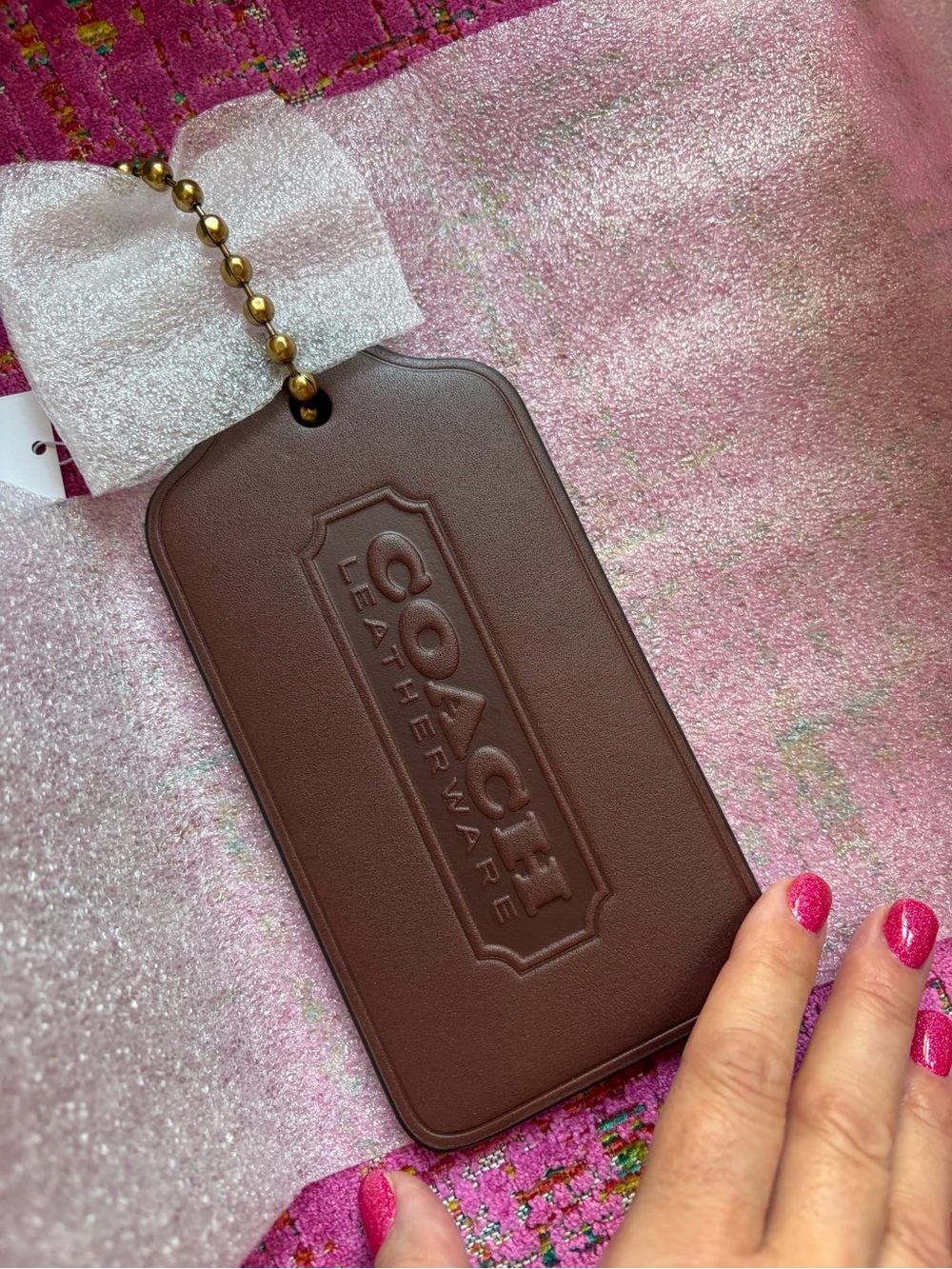 Coach XL HANGTAG HANG TAG Brown Leatherware - LARGE Gold BALL Chain - FREE SHIP